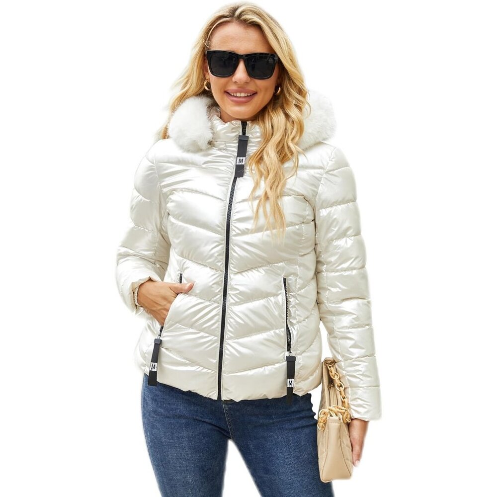 Women's White 100% Polyester Shinny Zip-Up Winter Warm Quilted Puffer Jacket
